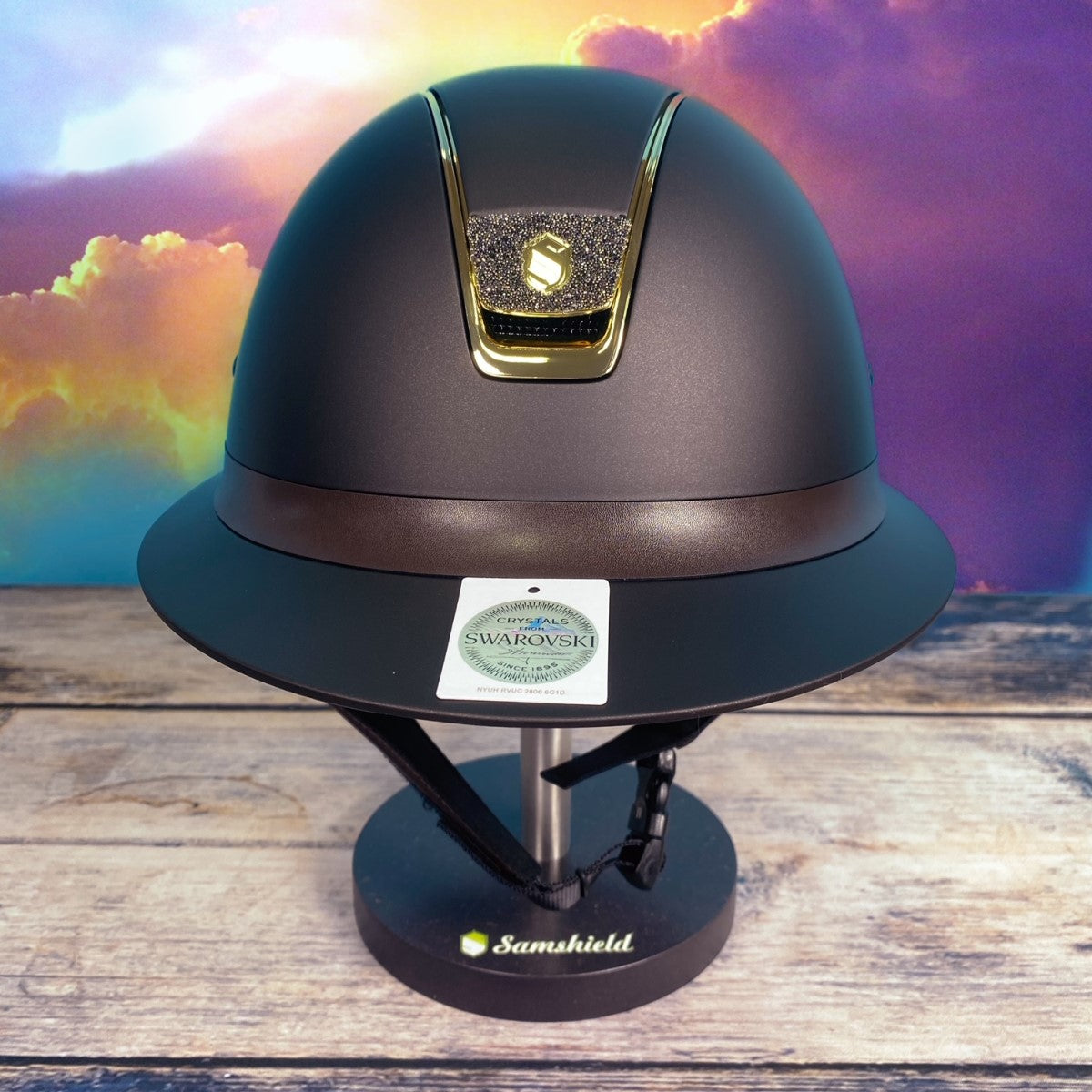 Samshield Reithelm MissShield "Shadowmatt" braun - Blason "Crystal fabric gold Größe M (55-58 cm)