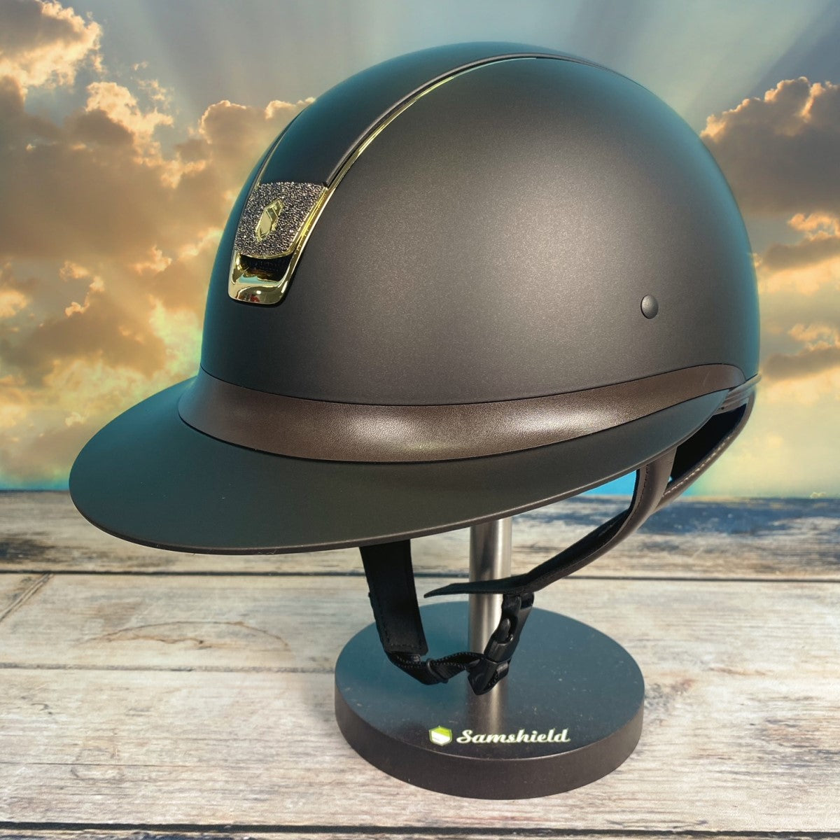 Samshield Reithelm MissShield "Shadowmatt" braun - Blason "Crystal fabric gold Größe M (55-58 cm)