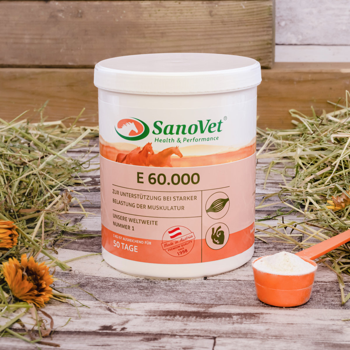 SanoVet E 60.000 - Vitamin E, Selen & Lysin für Muskelaufbau & -regeneration - bei Verspannungen