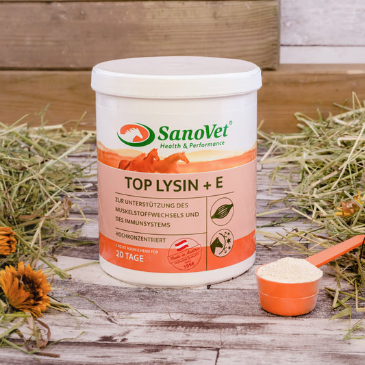 SanoVet Top Lysin + E zur Unterstützung des Muskelstoffwechsel und des Immunsystems! mit 500.000 mg L-Lysin und 100.000 mg Vitamin E!